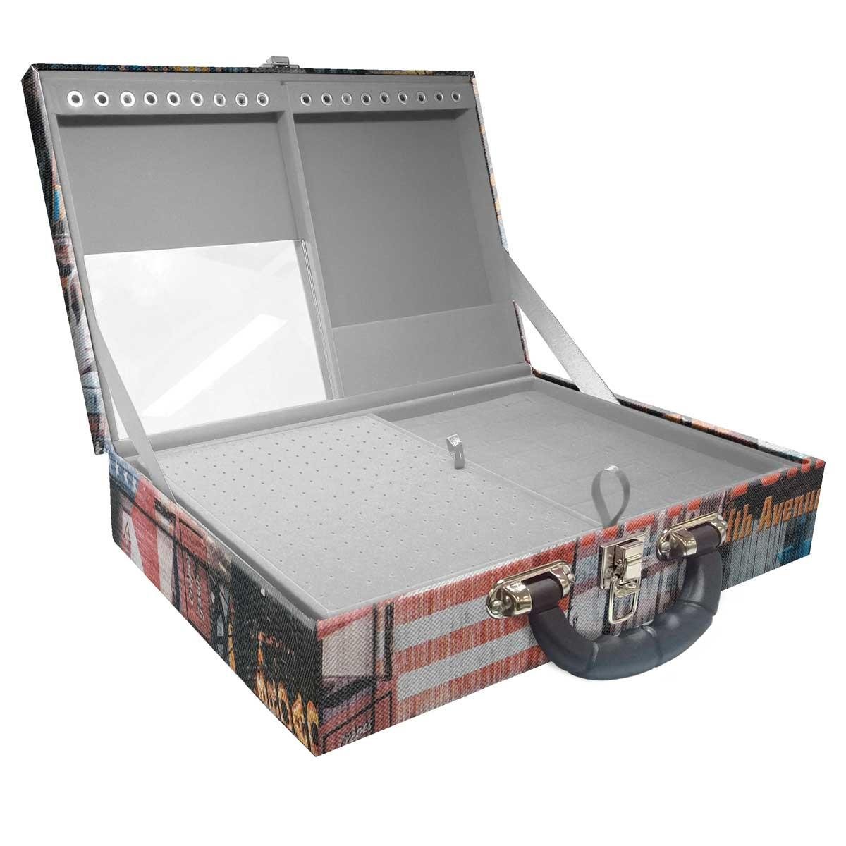 Estojo Maleta Porta Jóias Duplo Grande Big Apple Com Alça Preta e Espelho