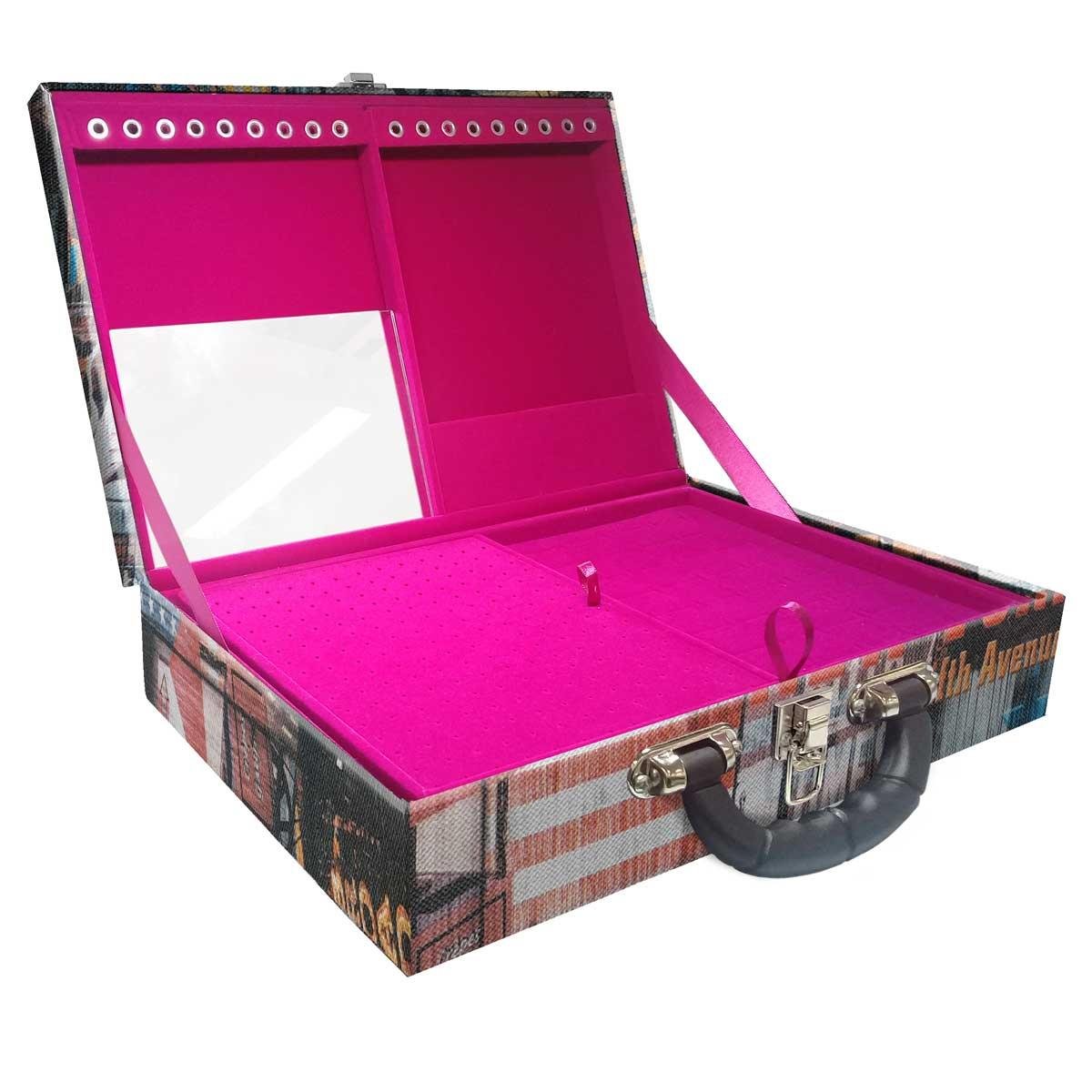 Estojo Maleta Porta Jóias Duplo Grande Big Apple Com Alça Preta e Espelho