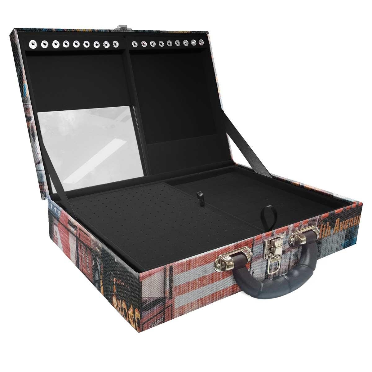 Estojo Maleta Porta Jóias Duplo Grande Big Apple Com Alça Preta e Espelho