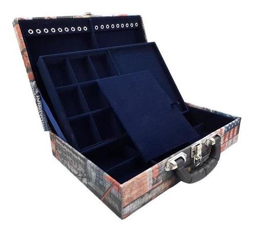 Estojo Maleta Porta Jóias Duplo Grande Big Apple Com Alça Preta e Espelho