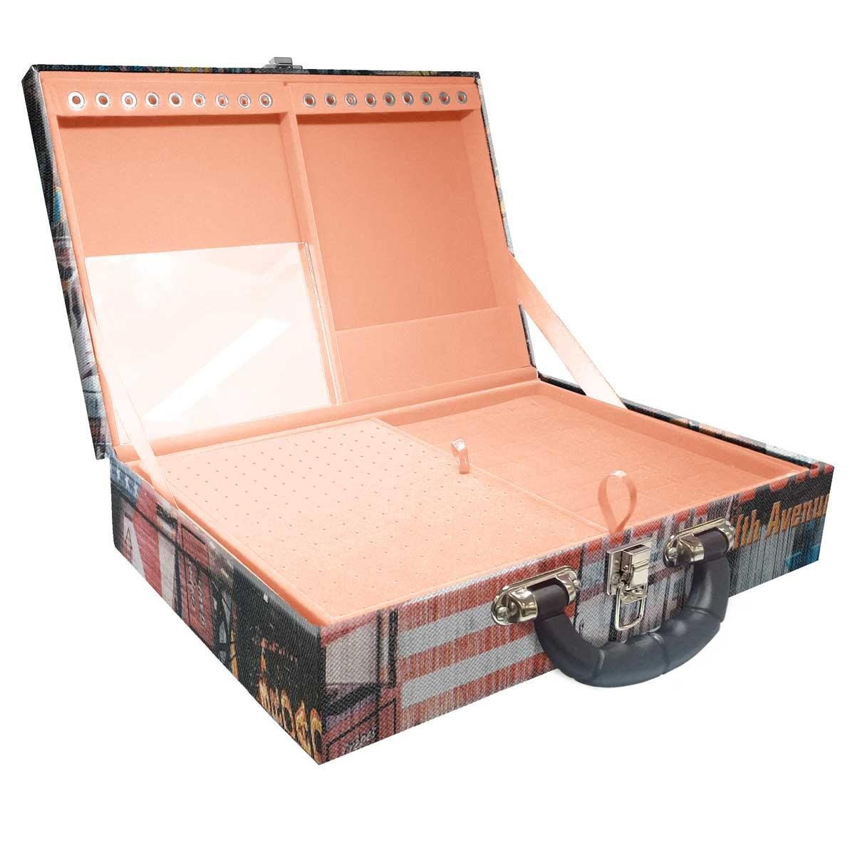 Estojo Maleta Porta Jóias Duplo Grande Big Apple Com Alça Preta e Espelho