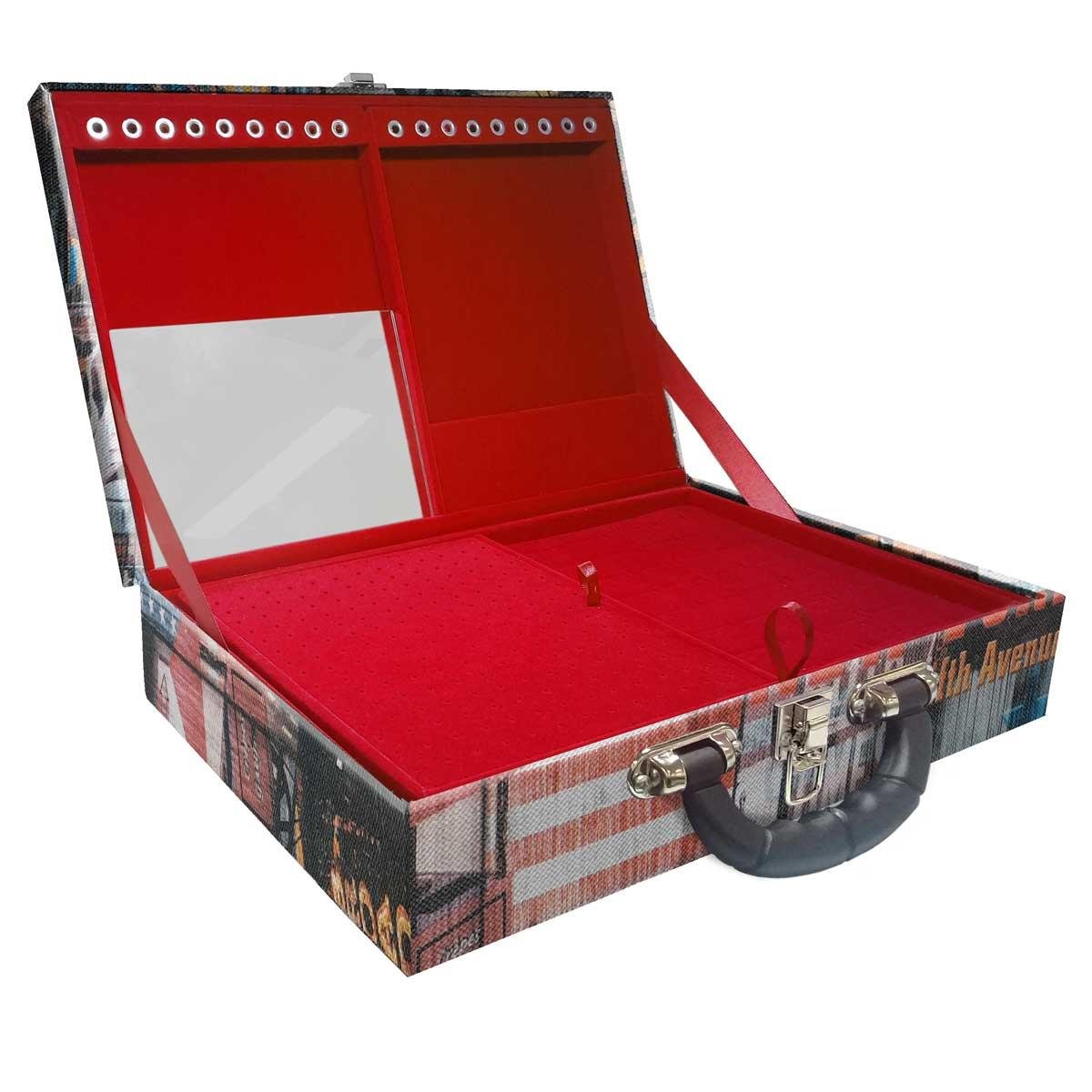 Estojo Maleta Porta Jóias Duplo Grande Big Apple Com Alça Preta e Espelho