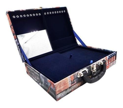 Estojo Maleta Porta Jóias Duplo Grande Big Apple Com Alça Preta e Espelho