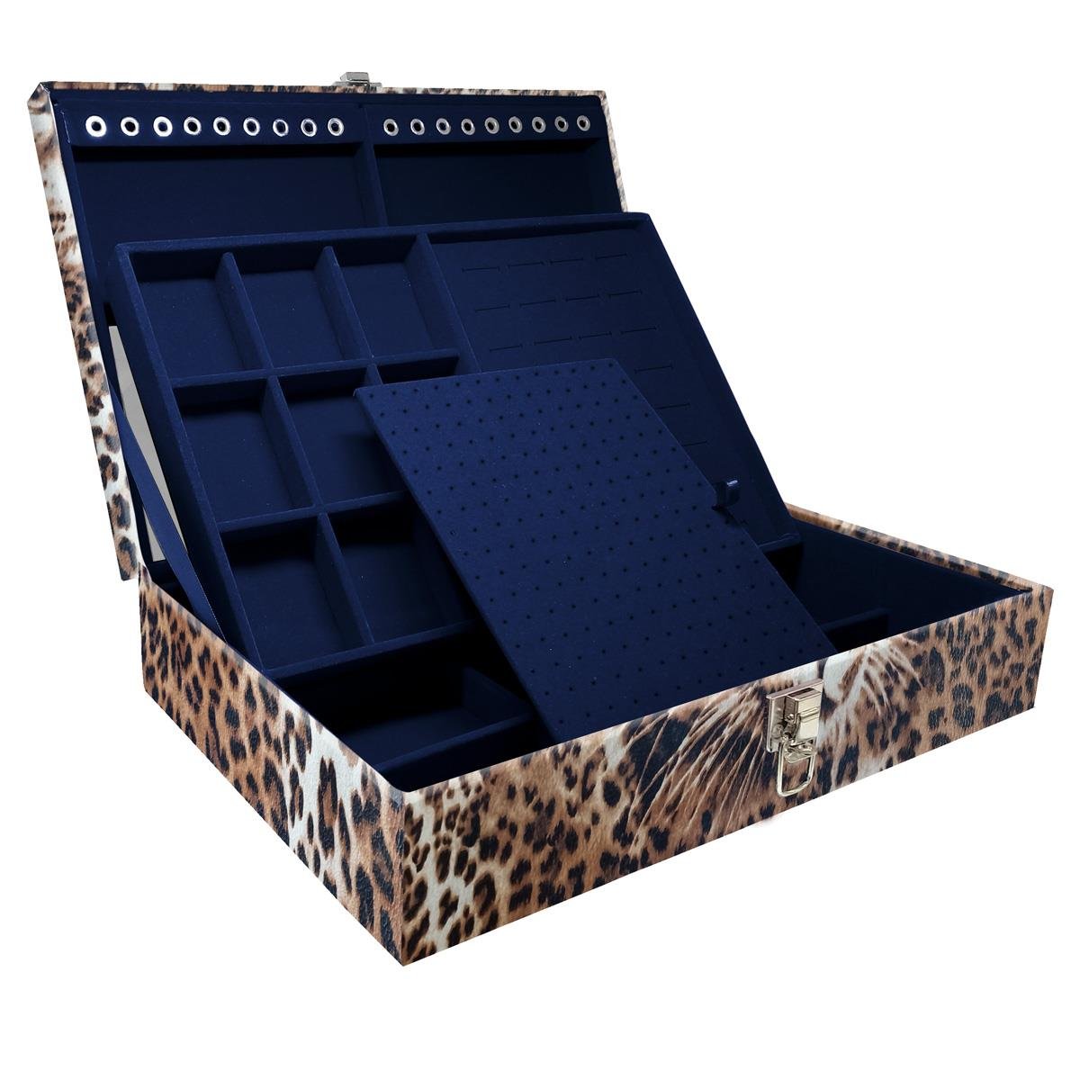 Estojo Maleta Porta Jóias Duplo Grande Cara Da Onça Sem Alça e Com Espelho