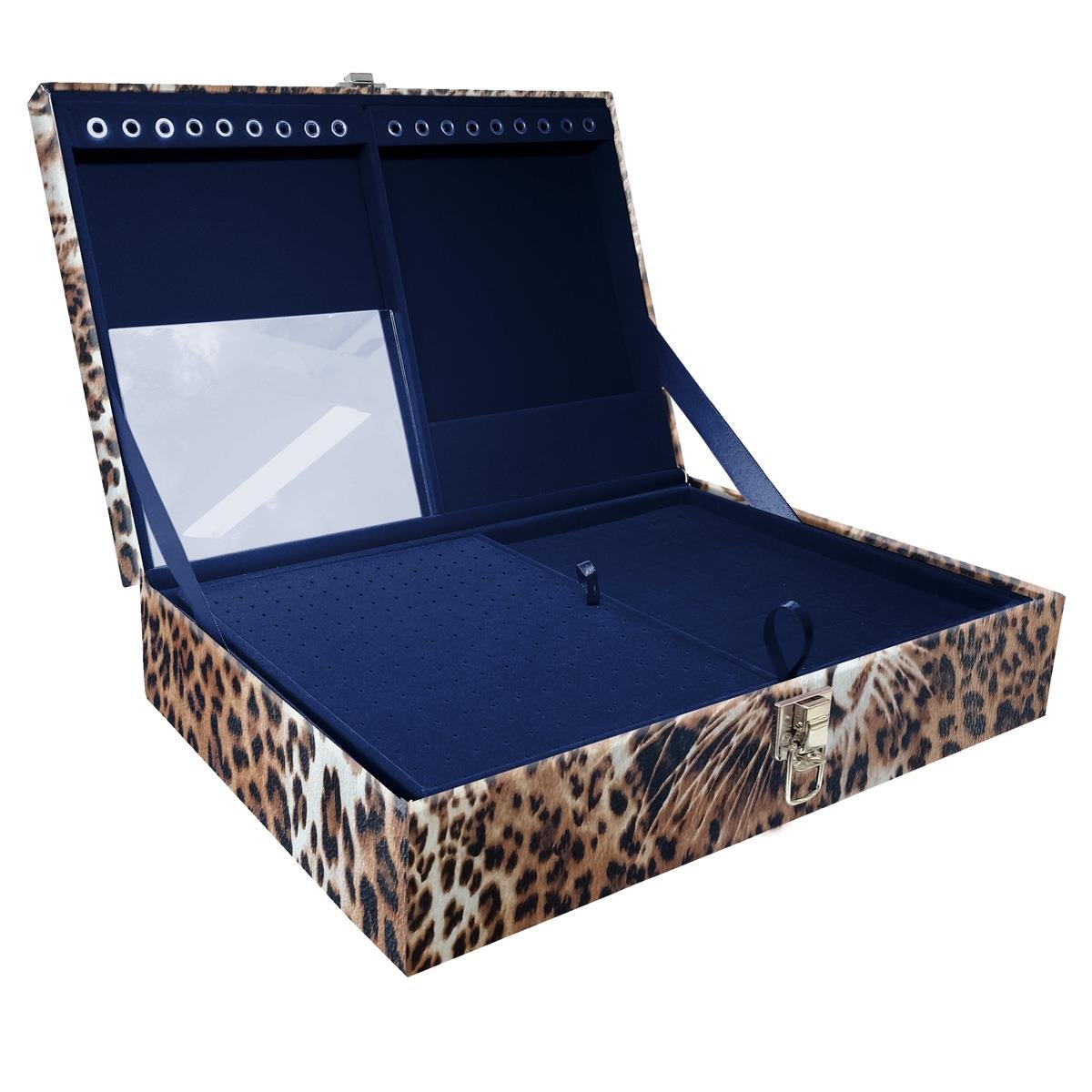 Estojo Maleta Porta Jóias Duplo Grande Cara Da Onça Sem Alça e Com Espelho