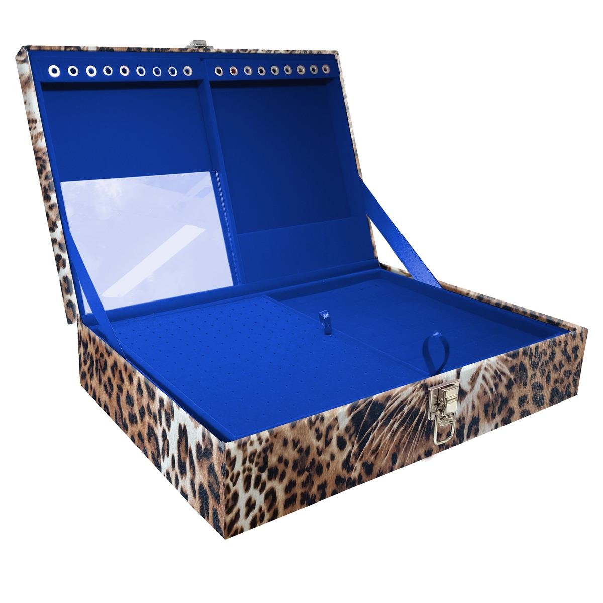 Estojo Maleta Porta Jóias Duplo Grande Cara Da Onça Sem Alça e Com Espelho