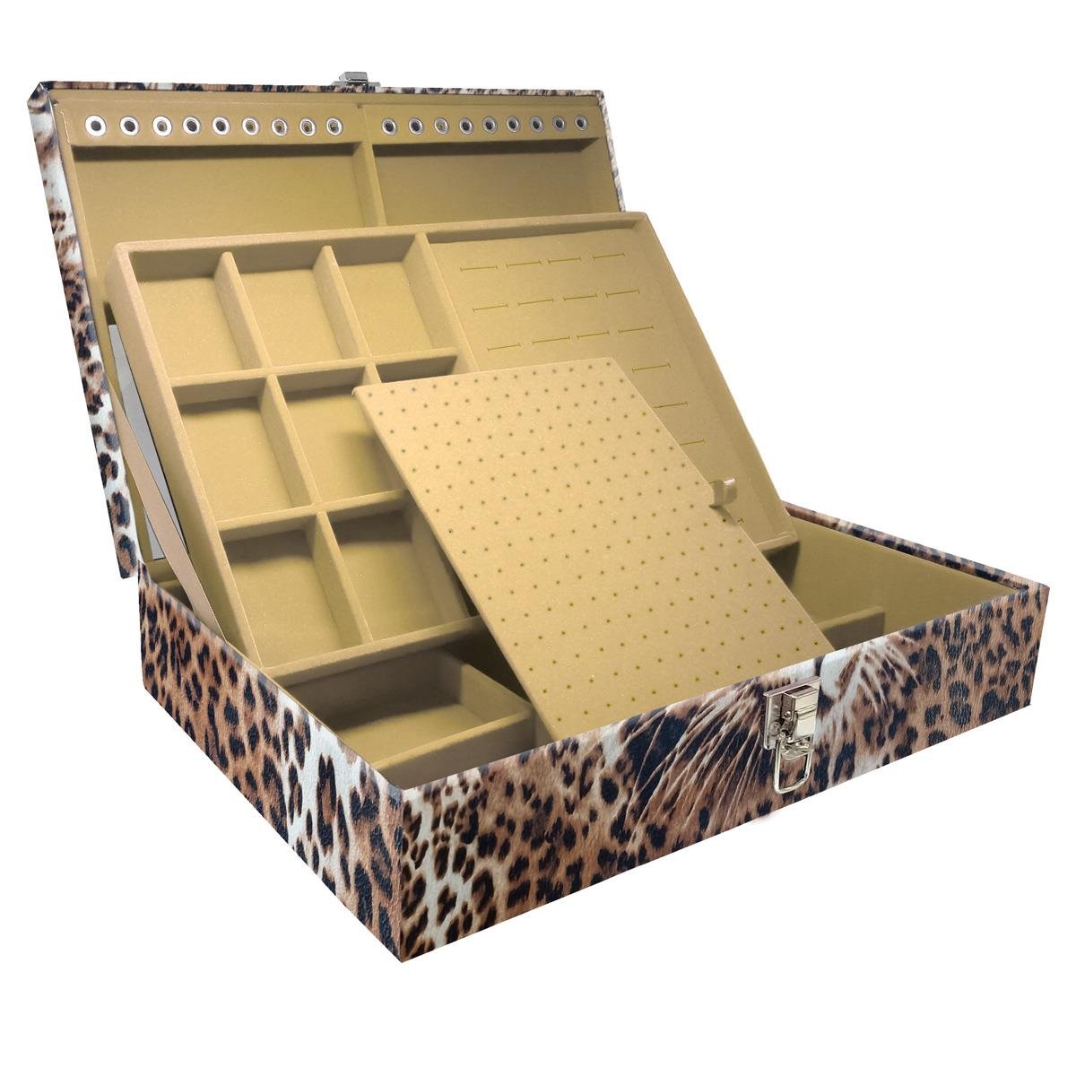 Estojo Maleta Porta Jóias Duplo Grande Cara Da Onça Sem Alça e Com Espelho