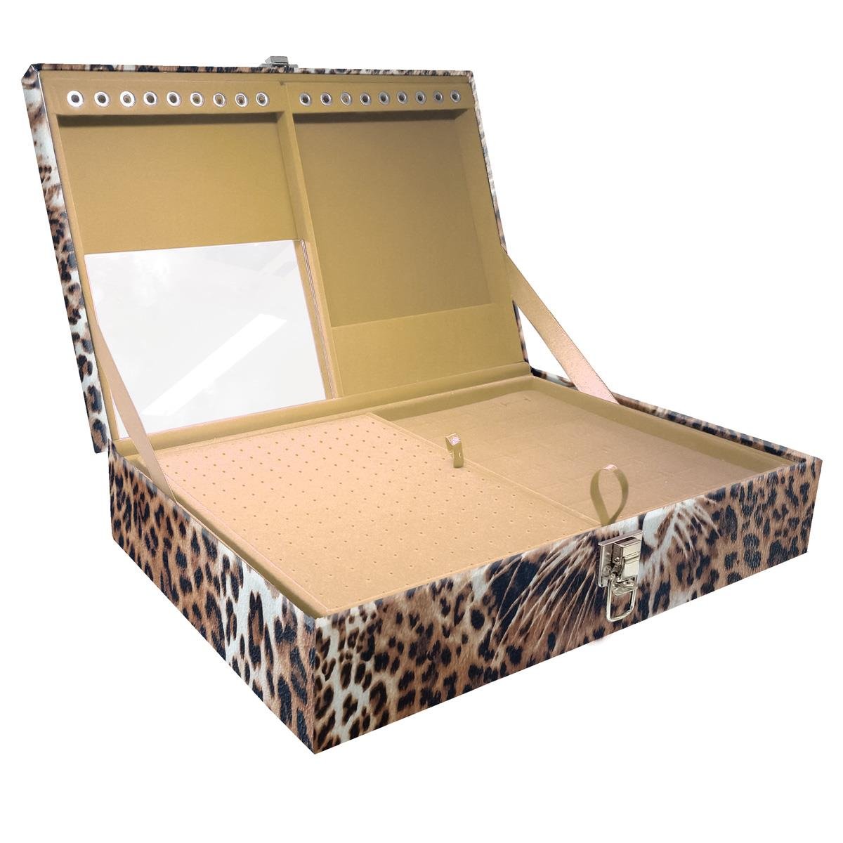 Estojo Maleta Porta Jóias Duplo Grande Cara Da Onça Sem Alça e Com Espelho
