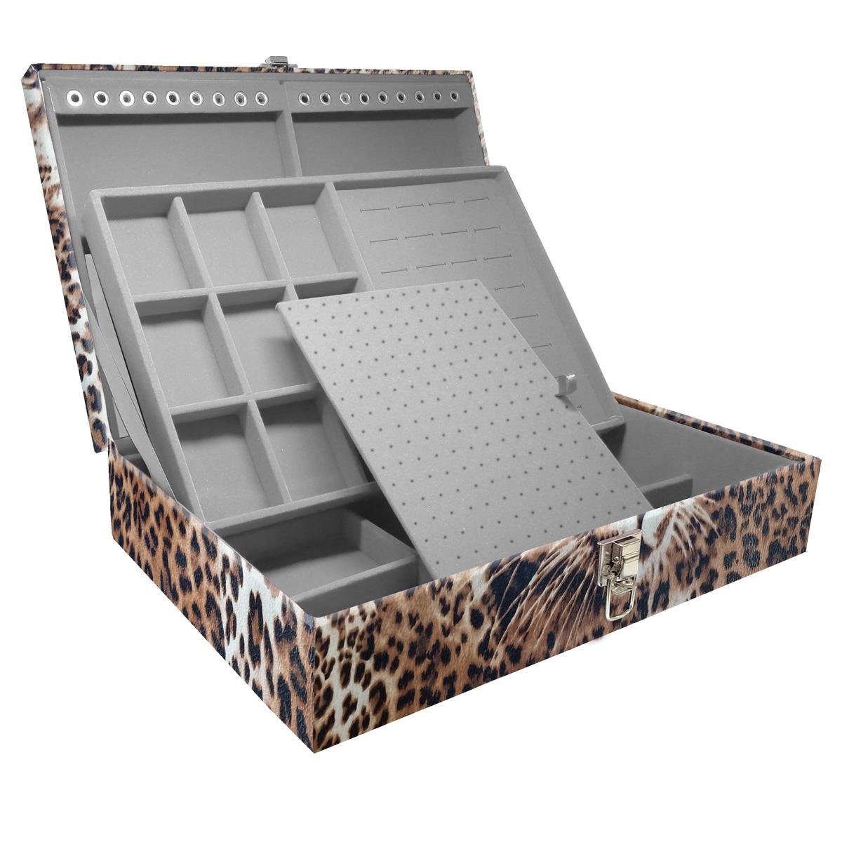 Estojo Maleta Porta Jóias Duplo Grande Cara Da Onça Sem Alça e Com Espelho