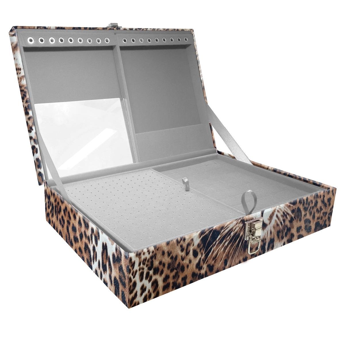 Estojo Maleta Porta Jóias Duplo Grande Cara Da Onça Sem Alça e Com Espelho