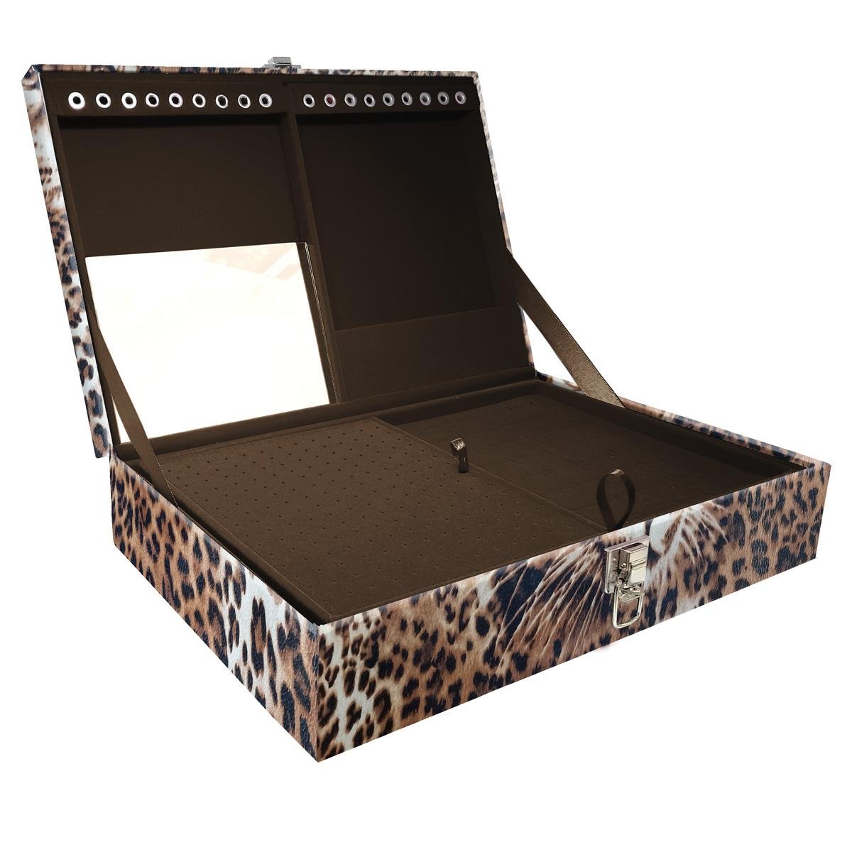 Estojo Maleta Porta Jóias Duplo Grande Cara Da Onça Sem Alça e Com Espelho