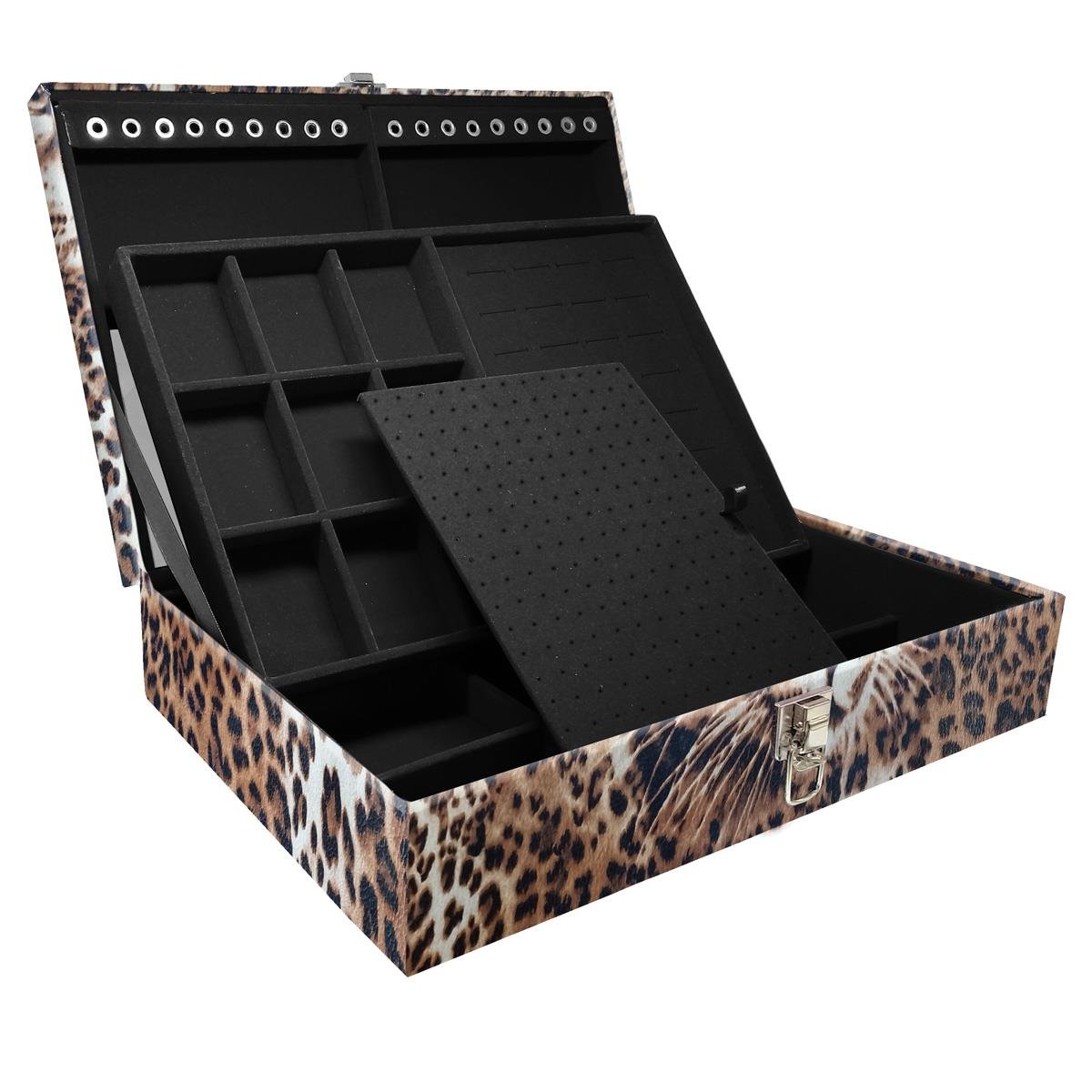 Estojo Maleta Porta Jóias Duplo Grande Cara Da Onça Sem Alça e Com Espelho