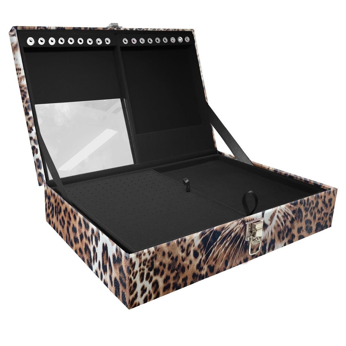 Estojo Maleta Porta Jóias Duplo Grande Cara Da Onça Sem Alça e Com Espelho