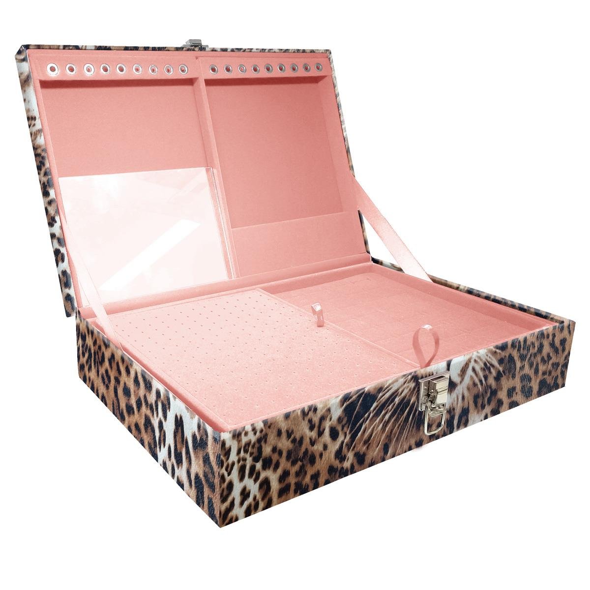 Estojo Maleta Porta Jóias Duplo Grande Cara Da Onça Sem Alça e Com Espelho