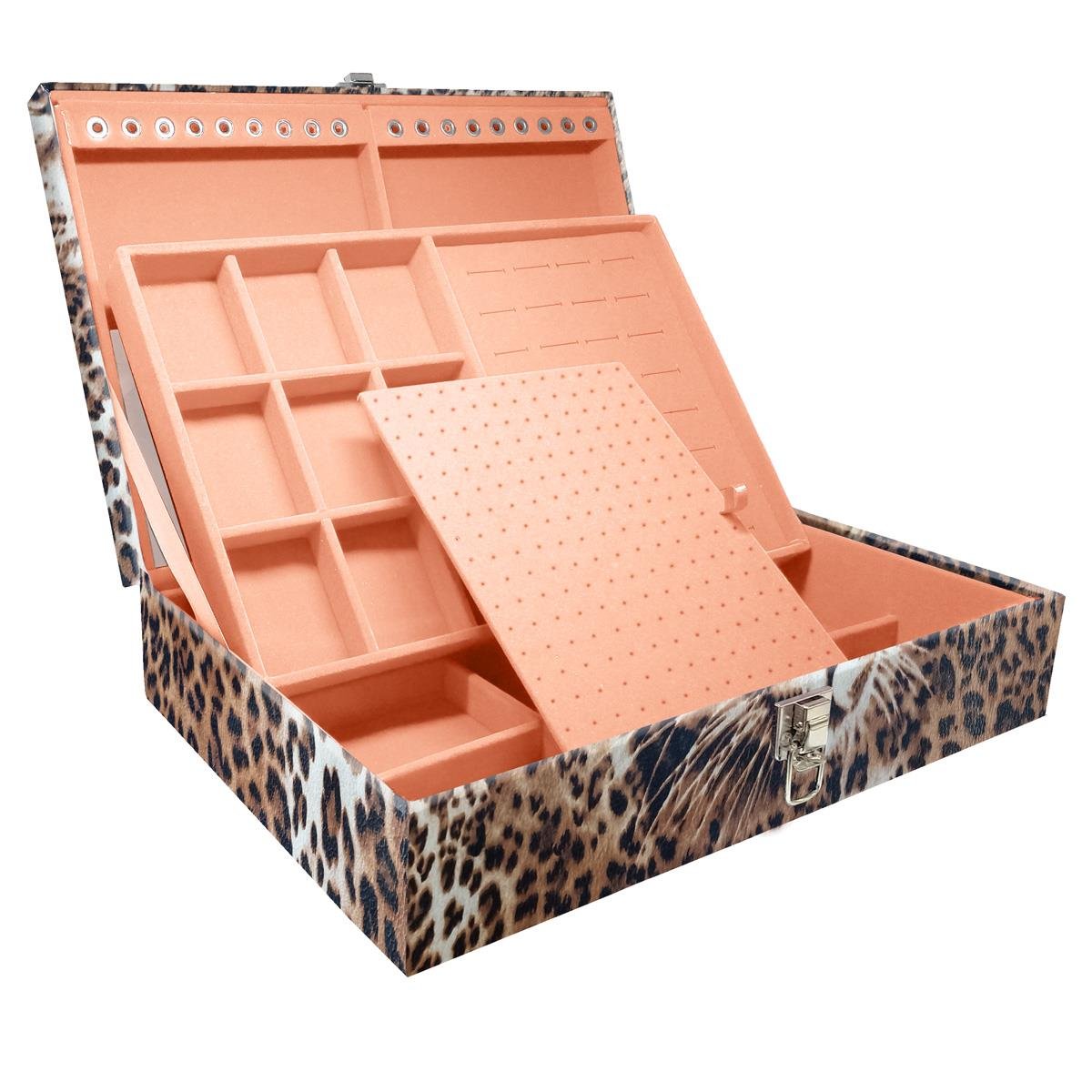 Estojo Maleta Porta Jóias Duplo Grande Cara Da Onça Sem Alça e Com Espelho
