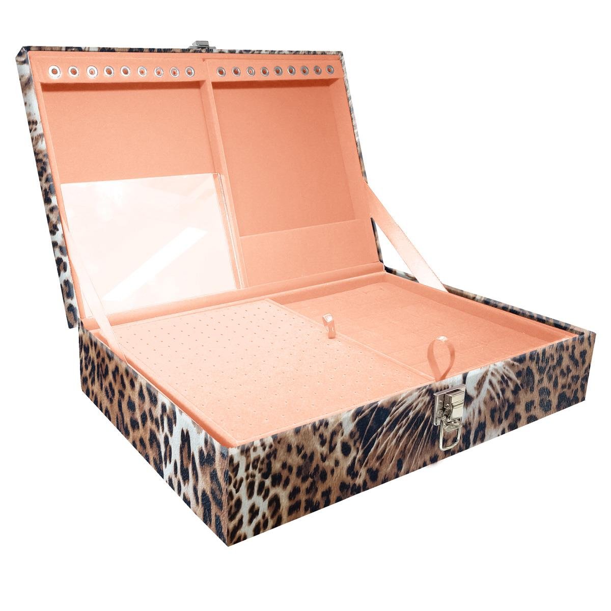 Estojo Maleta Porta Jóias Duplo Grande Cara Da Onça Sem Alça e Com Espelho