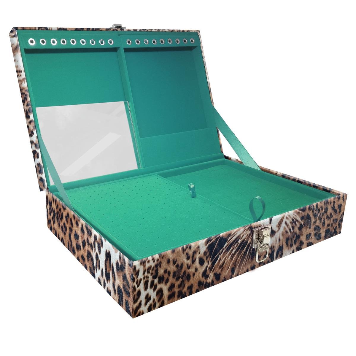 Estojo Maleta Porta Jóias Duplo Grande Cara Da Onça Sem Alça e Com Espelho