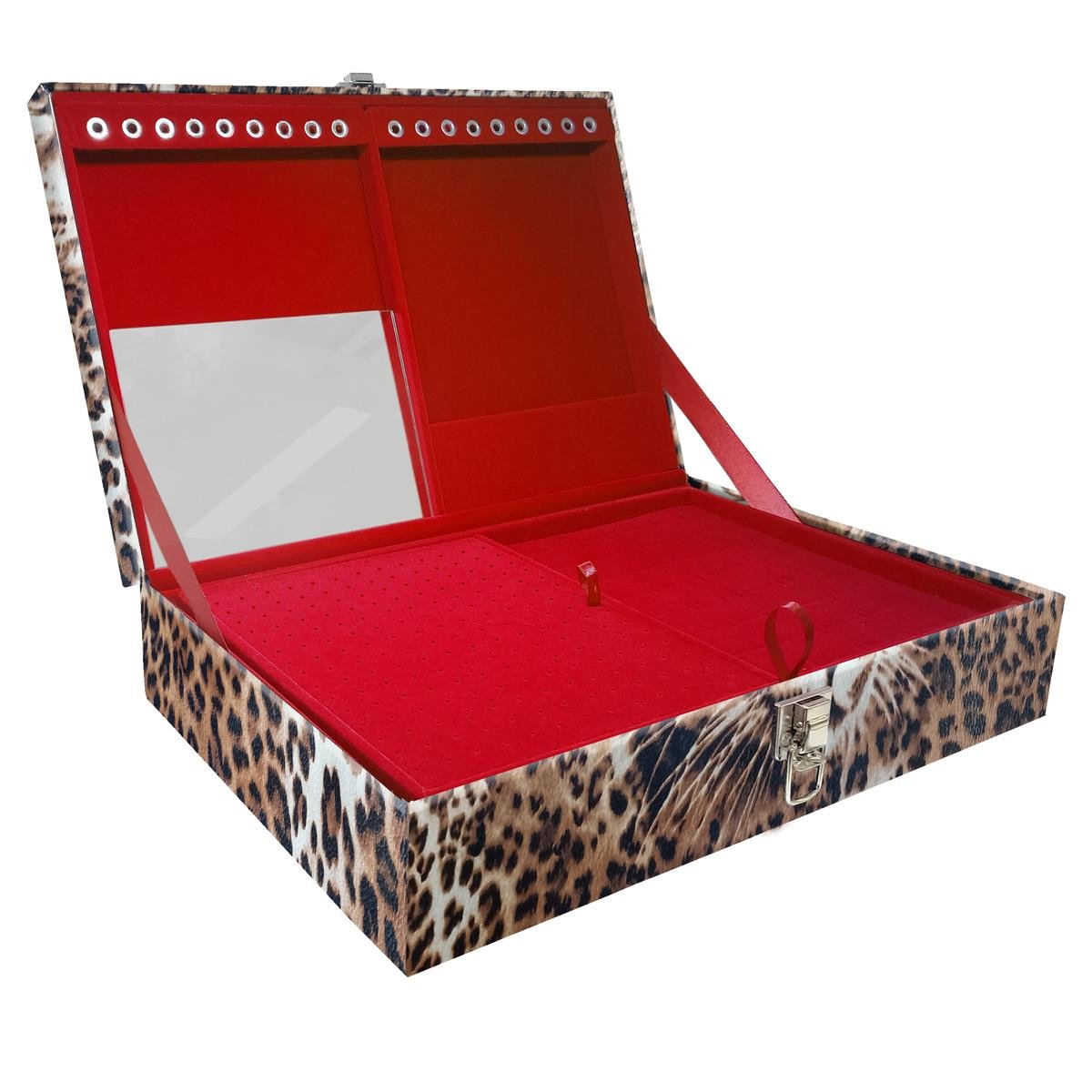 Estojo Maleta Porta Jóias Duplo Grande Cara Da Onça Sem Alça e Com Espelho