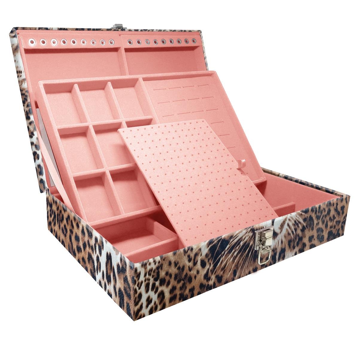 Estojo Maleta Porta Jóias Duplo Grande Cara Da Onça Sem Alça e Com Espelho