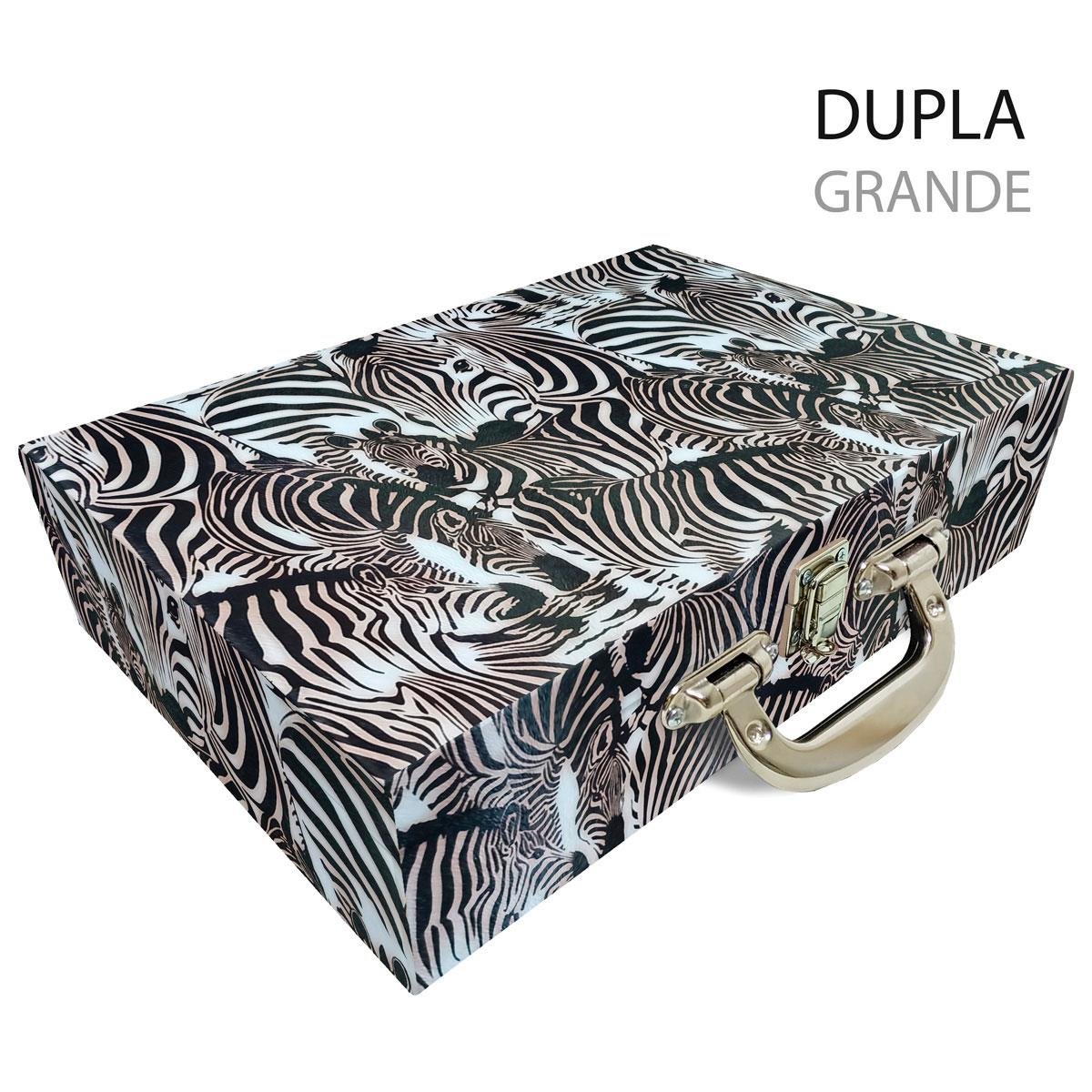 Estojo Maleta Porta Jóias Duplo Grande Cara Da Zebra Com Alça Cromada e Espelho