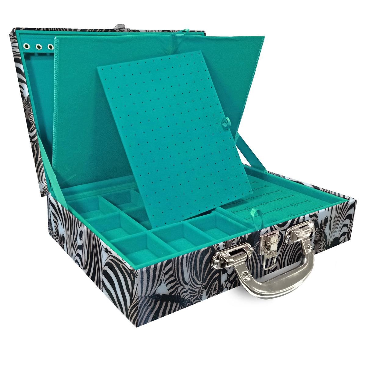 Estojo Maleta Porta Jóias Duplo Grande Cara Da Zebra Com Alça Cromada e Imã