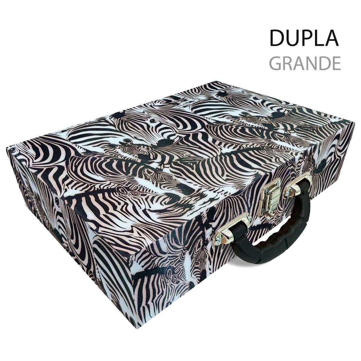 Estojo Maleta Porta Jóias Duplo Grande Cara Da Zebra Com Alça Preta e Espelho