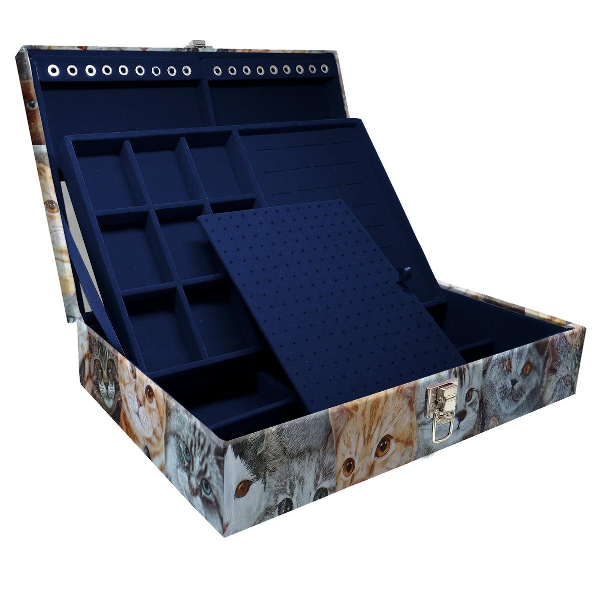 Estojo Maleta Porta Jóias Duplo Grande Cara De Gatos Sem Alça e Com Espelho