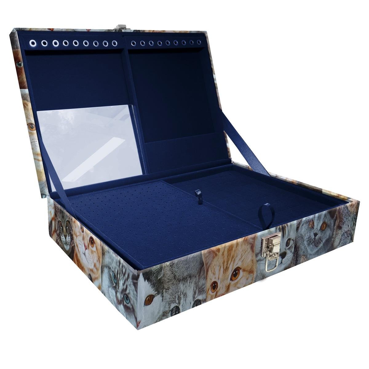 Estojo Maleta Porta Jóias Duplo Grande Cara De Gatos Sem Alça e Com Espelho