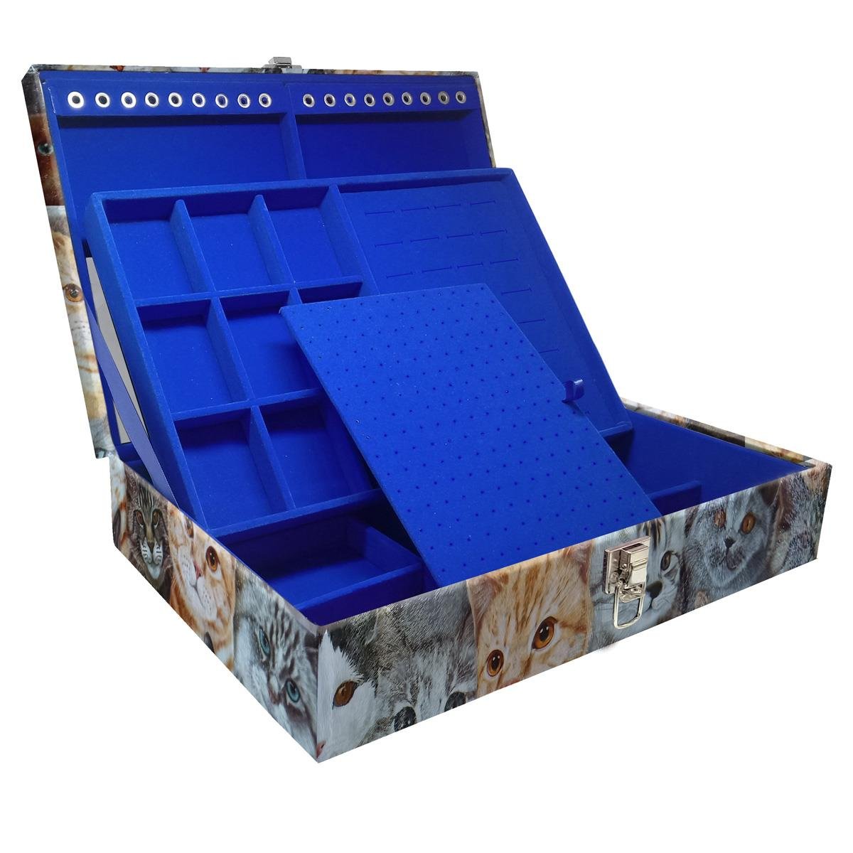 Estojo Maleta Porta Jóias Duplo Grande Cara De Gatos Sem Alça e Com Espelho