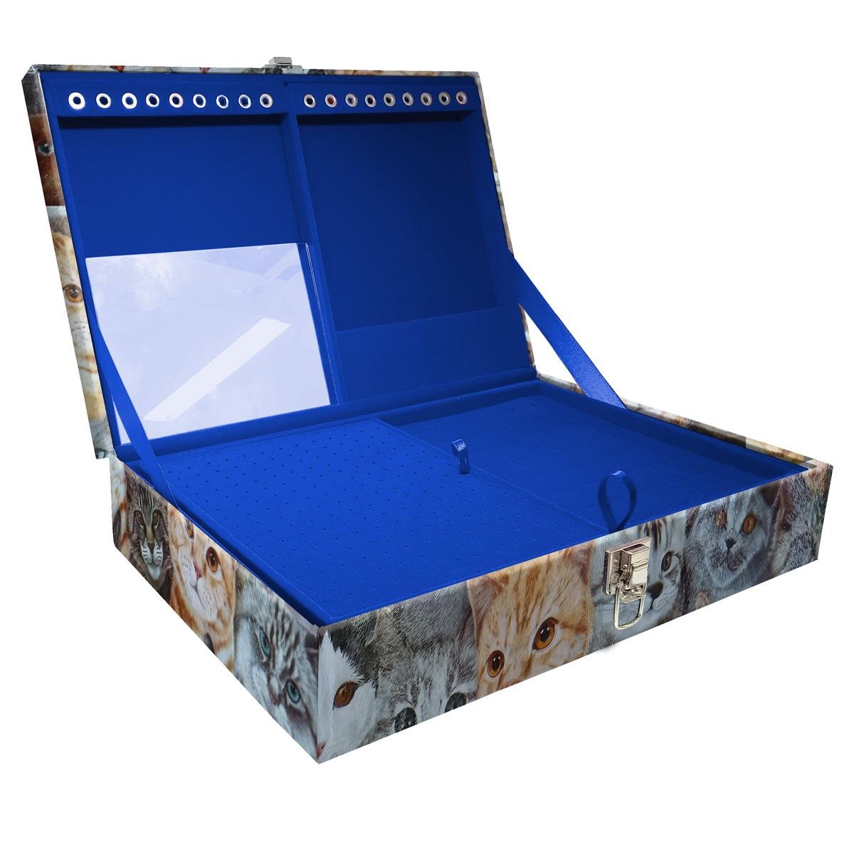 Estojo Maleta Porta Jóias Duplo Grande Cara De Gatos Sem Alça e Com Espelho