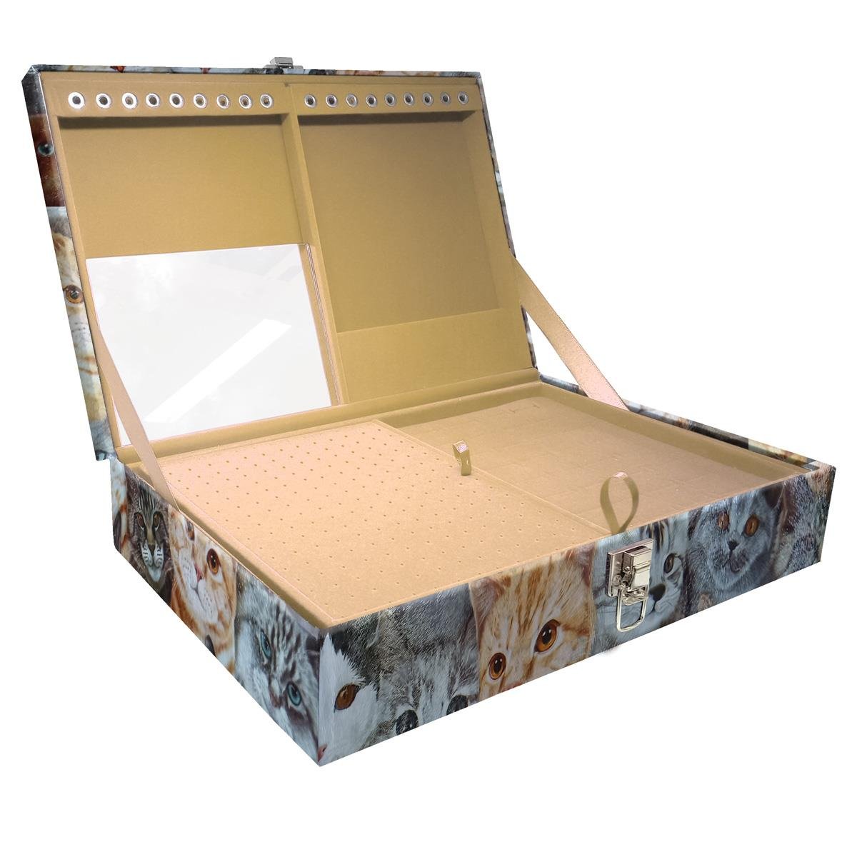 Estojo Maleta Porta Jóias Duplo Grande Cara De Gatos Sem Alça e Com Espelho