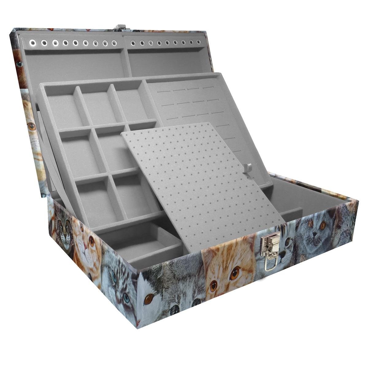 Estojo Maleta Porta Jóias Duplo Grande Cara De Gatos Sem Alça e Com Espelho
