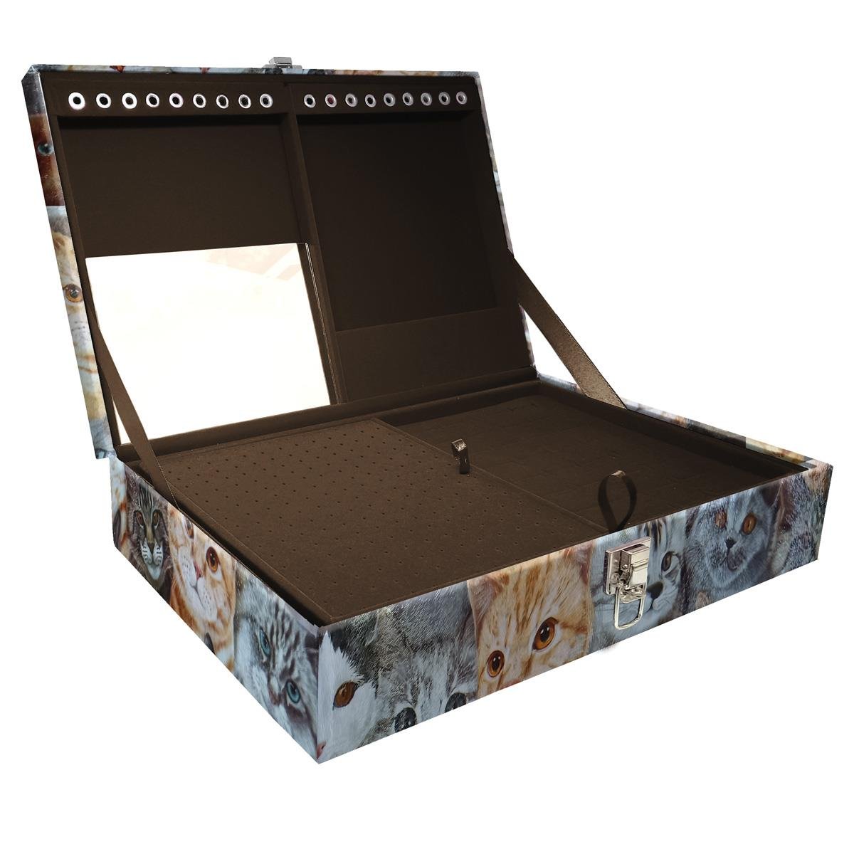 Estojo Maleta Porta Jóias Duplo Grande Cara De Gatos Sem Alça e Com Espelho