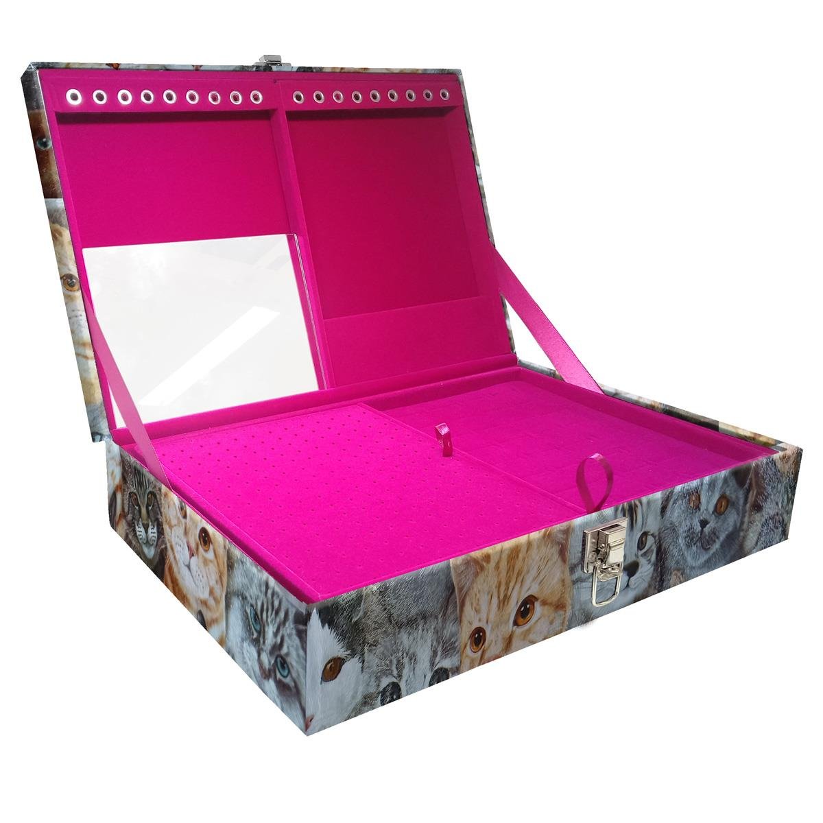 Estojo Maleta Porta Jóias Duplo Grande Cara De Gatos Sem Alça e Com Espelho