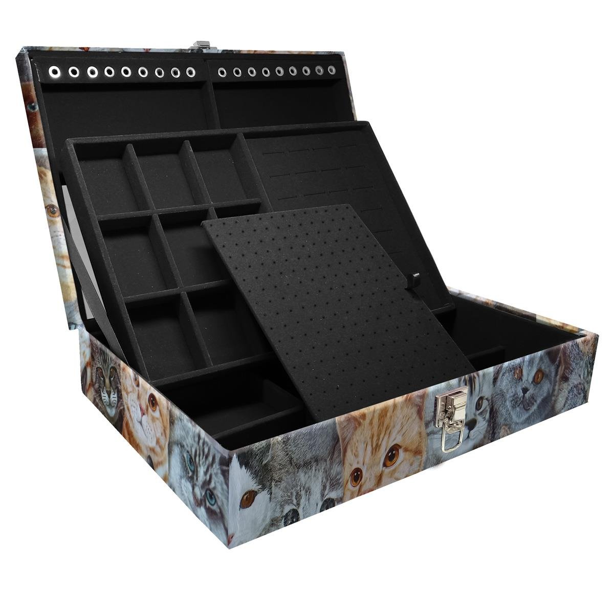 Estojo Maleta Porta Jóias Duplo Grande Cara De Gatos Sem Alça e Com Espelho