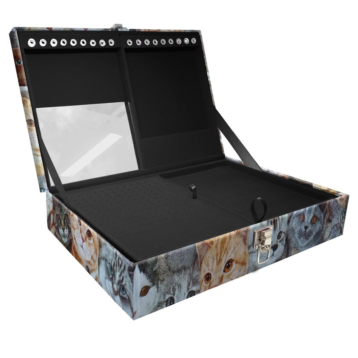 Estojo Maleta Porta Jóias Duplo Grande Cara De Gatos Sem Alça e Com Espelho