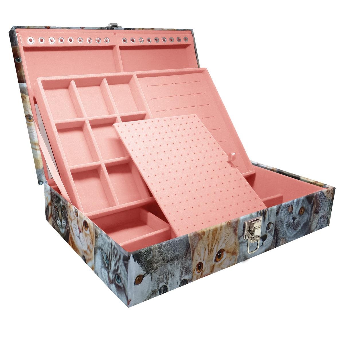 Estojo Maleta Porta Jóias Duplo Grande Cara De Gatos Sem Alça e Com Espelho