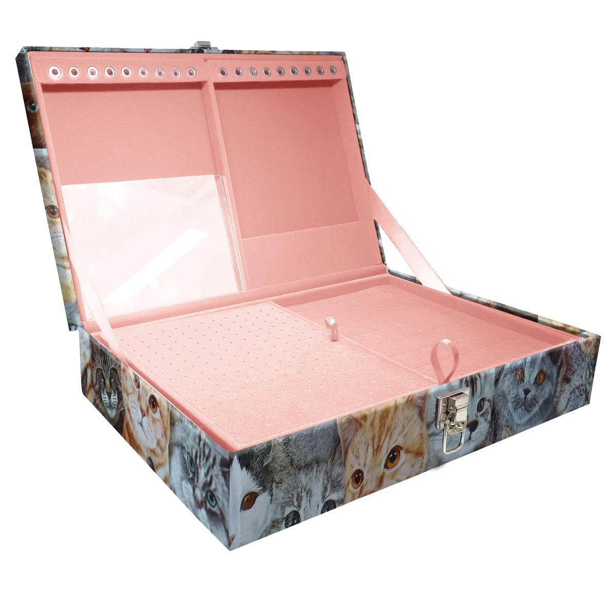 Estojo Maleta Porta Jóias Duplo Grande Cara De Gatos Sem Alça e Com Espelho