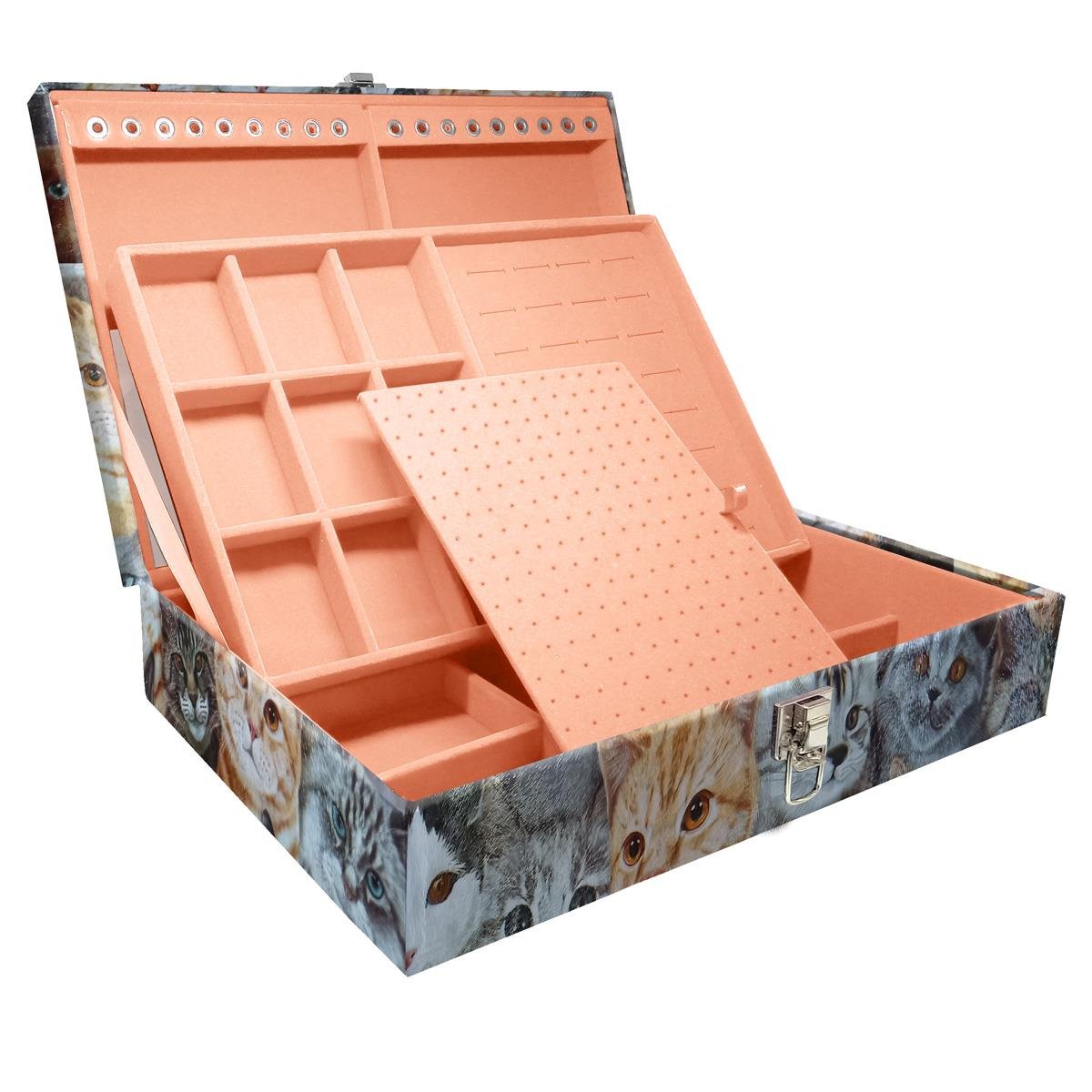 Estojo Maleta Porta Jóias Duplo Grande Cara De Gatos Sem Alça e Com Espelho