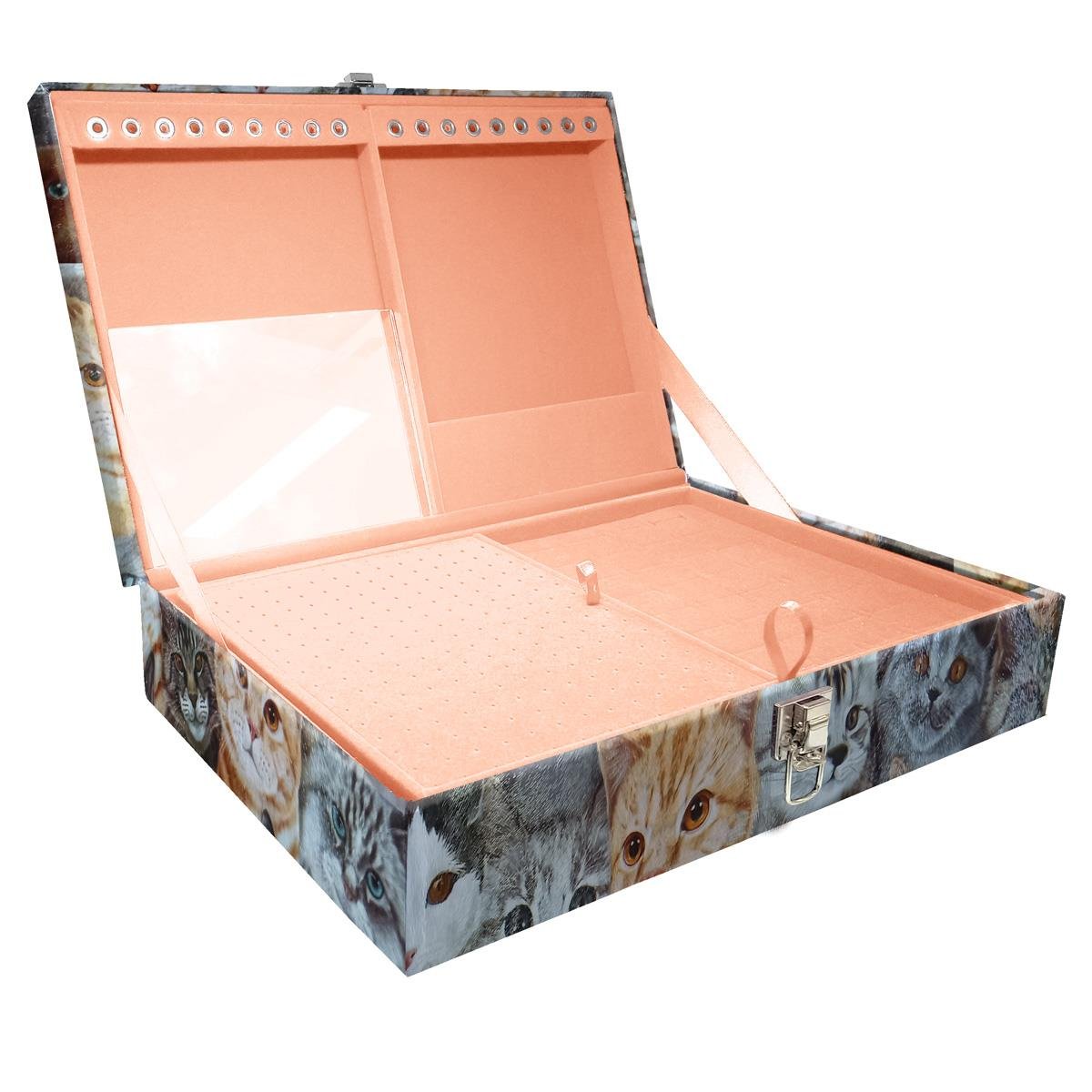 Estojo Maleta Porta Jóias Duplo Grande Cara De Gatos Sem Alça e Com Espelho