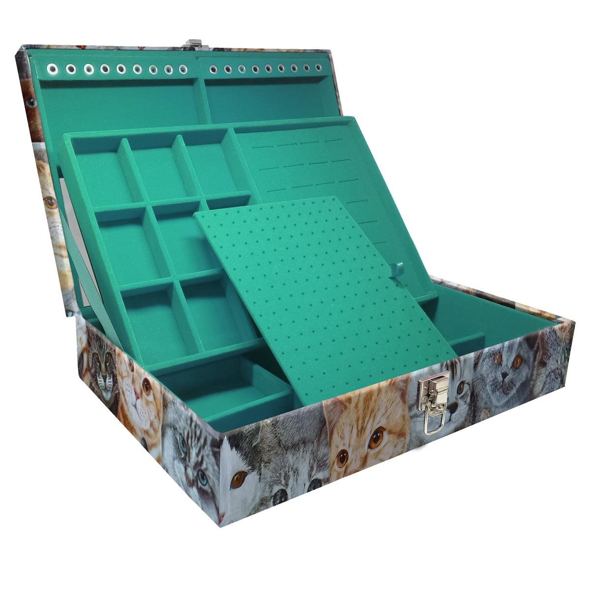 Estojo Maleta Porta Jóias Duplo Grande Cara De Gatos Sem Alça e Com Espelho