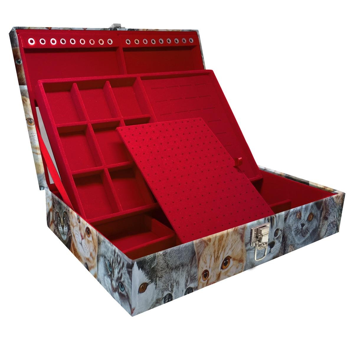 Estojo Maleta Porta Jóias Duplo Grande Cara De Gatos Sem Alça e Com Espelho