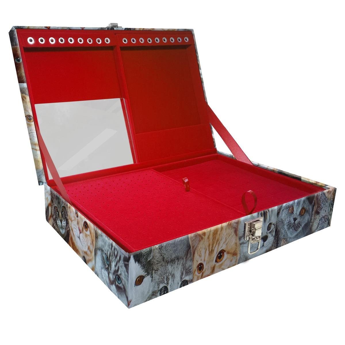 Estojo Maleta Porta Jóias Duplo Grande Cara De Gatos Sem Alça e Com Espelho