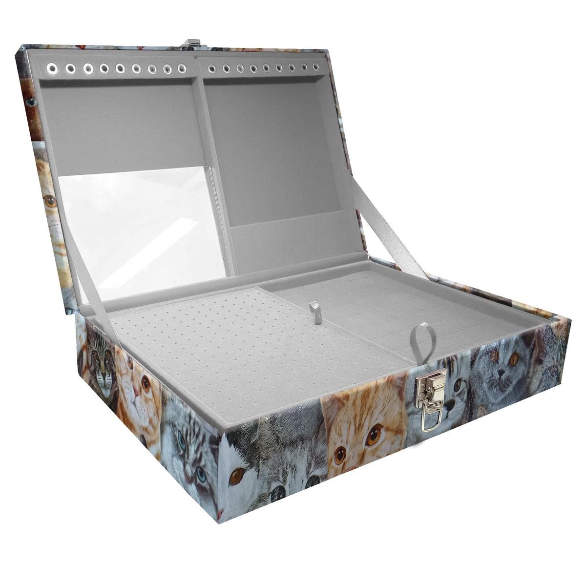 Estojo Maleta Porta Jóias Duplo Grande Cara De Gatos Sem Alça e Com Espelho