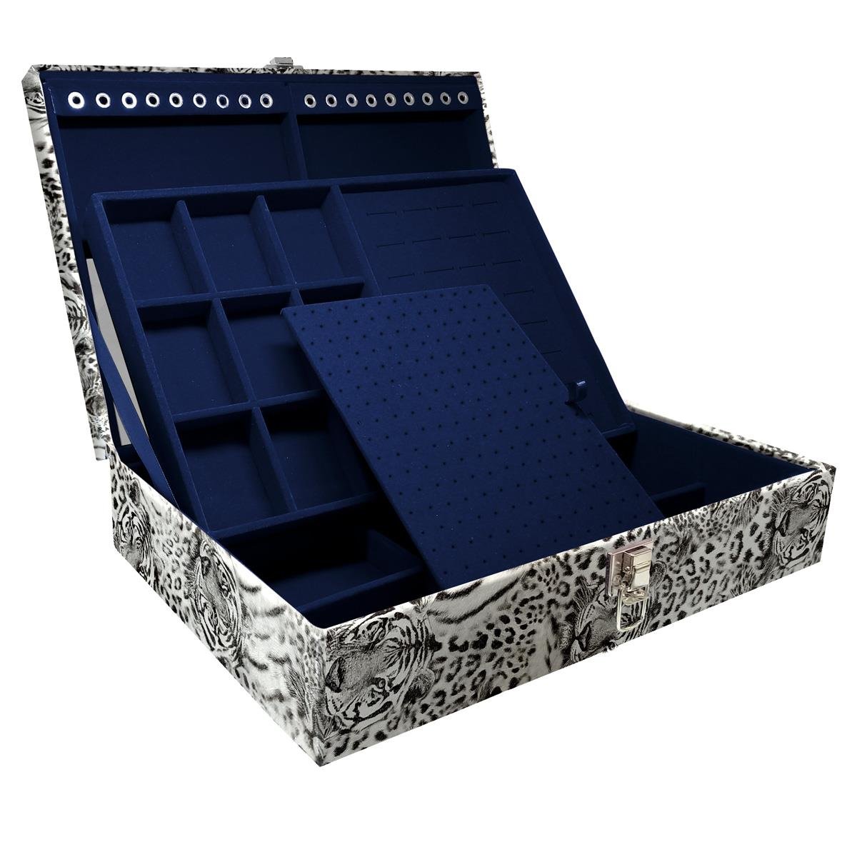 Estojo Maleta Porta Jóias Duplo Grande Cara De Onça Tigre Cinza Sem Alça e Com Espelho