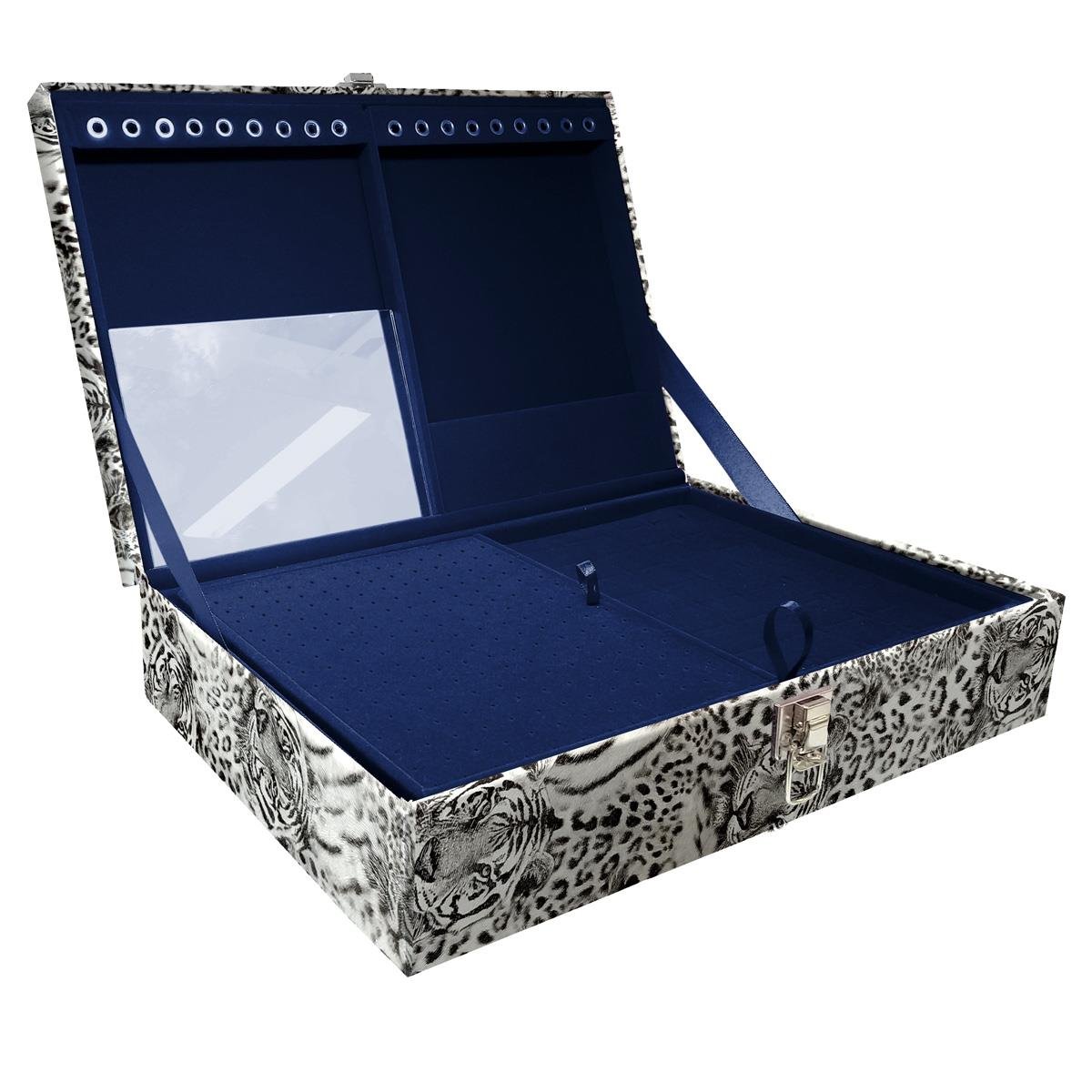 Estojo Maleta Porta Jóias Duplo Grande Cara De Onça Tigre Cinza Sem Alça e Com Espelho
