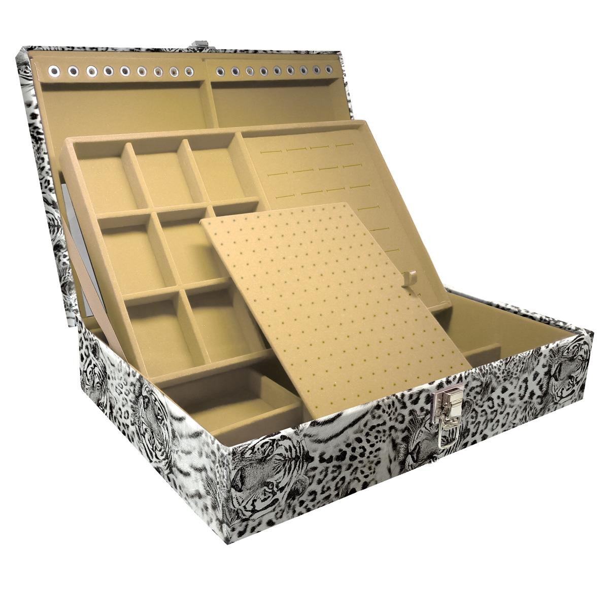 Estojo Maleta Porta Jóias Duplo Grande Cara De Onça Tigre Cinza Sem Alça e Com Espelho