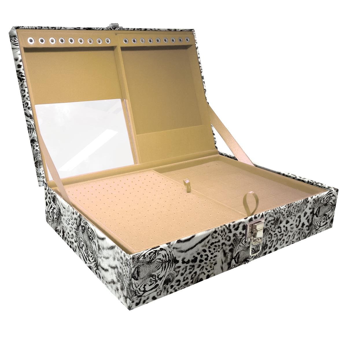 Estojo Maleta Porta Jóias Duplo Grande Cara De Onça Tigre Cinza Sem Alça e Com Espelho