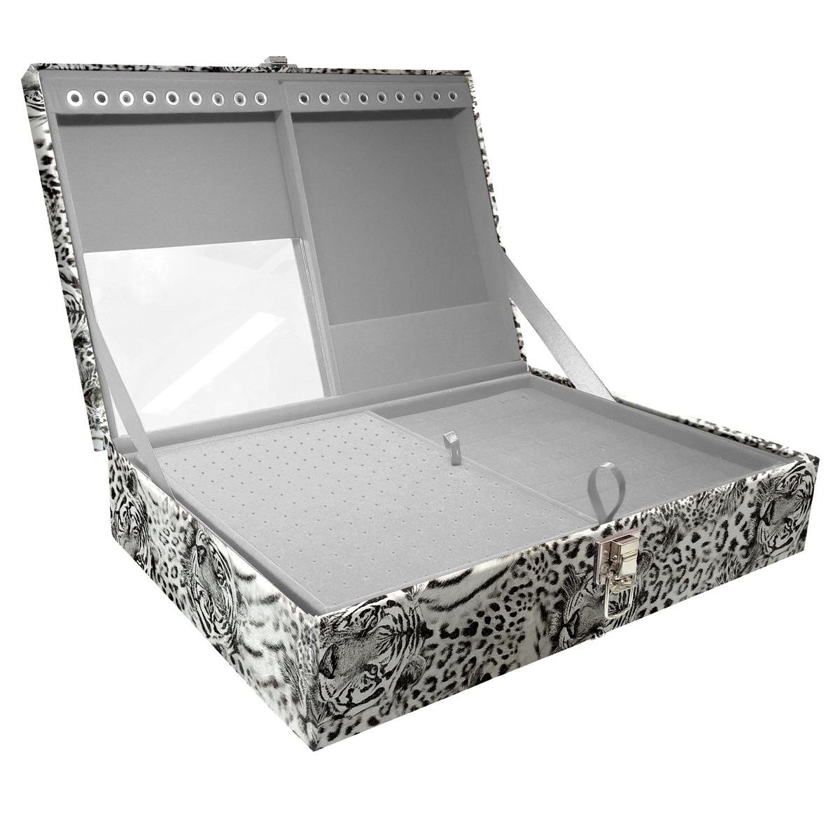 Estojo Maleta Porta Jóias Duplo Grande Cara De Onça Tigre Cinza Sem Alça e Com Espelho