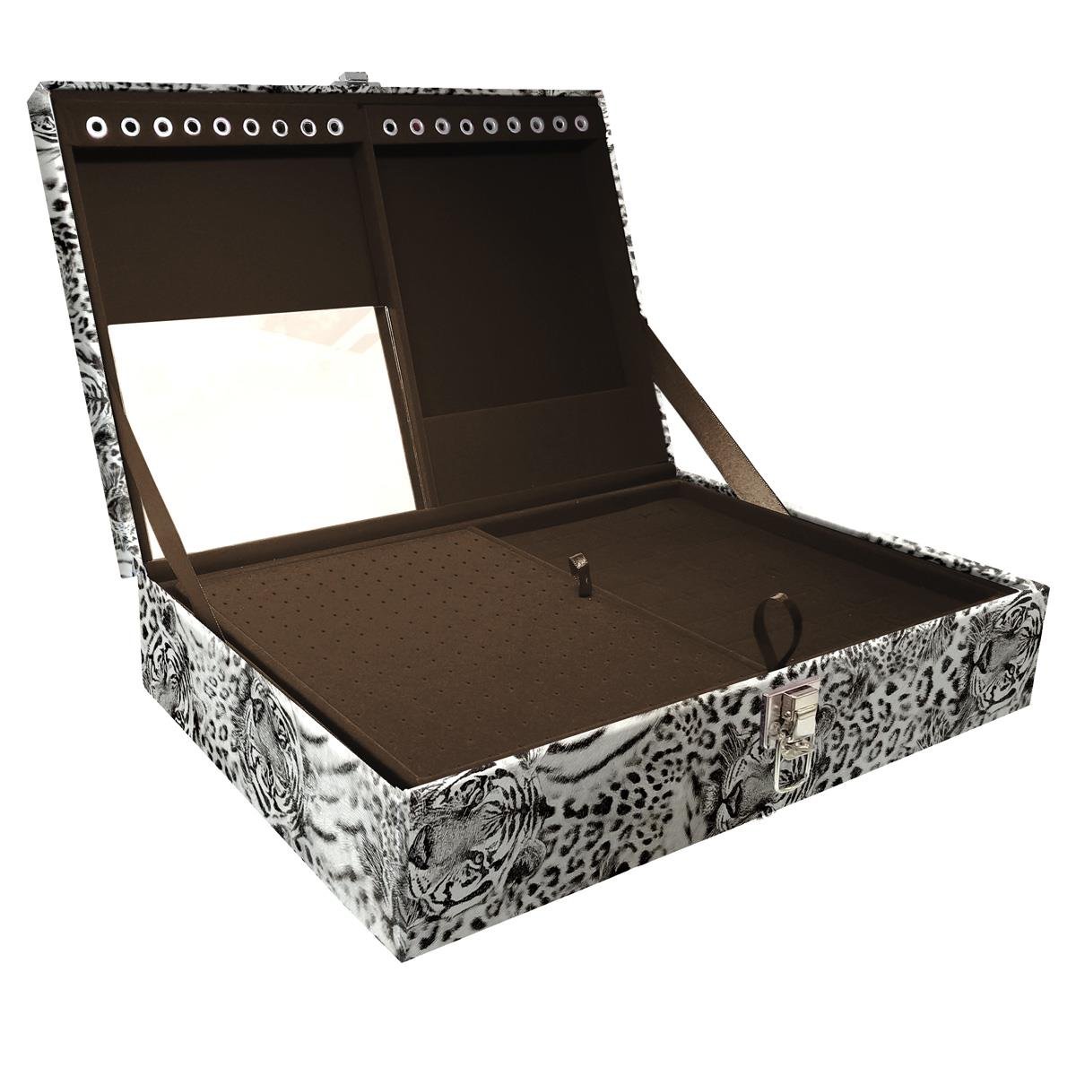 Estojo Maleta Porta Jóias Duplo Grande Cara De Onça Tigre Cinza Sem Alça e Com Espelho